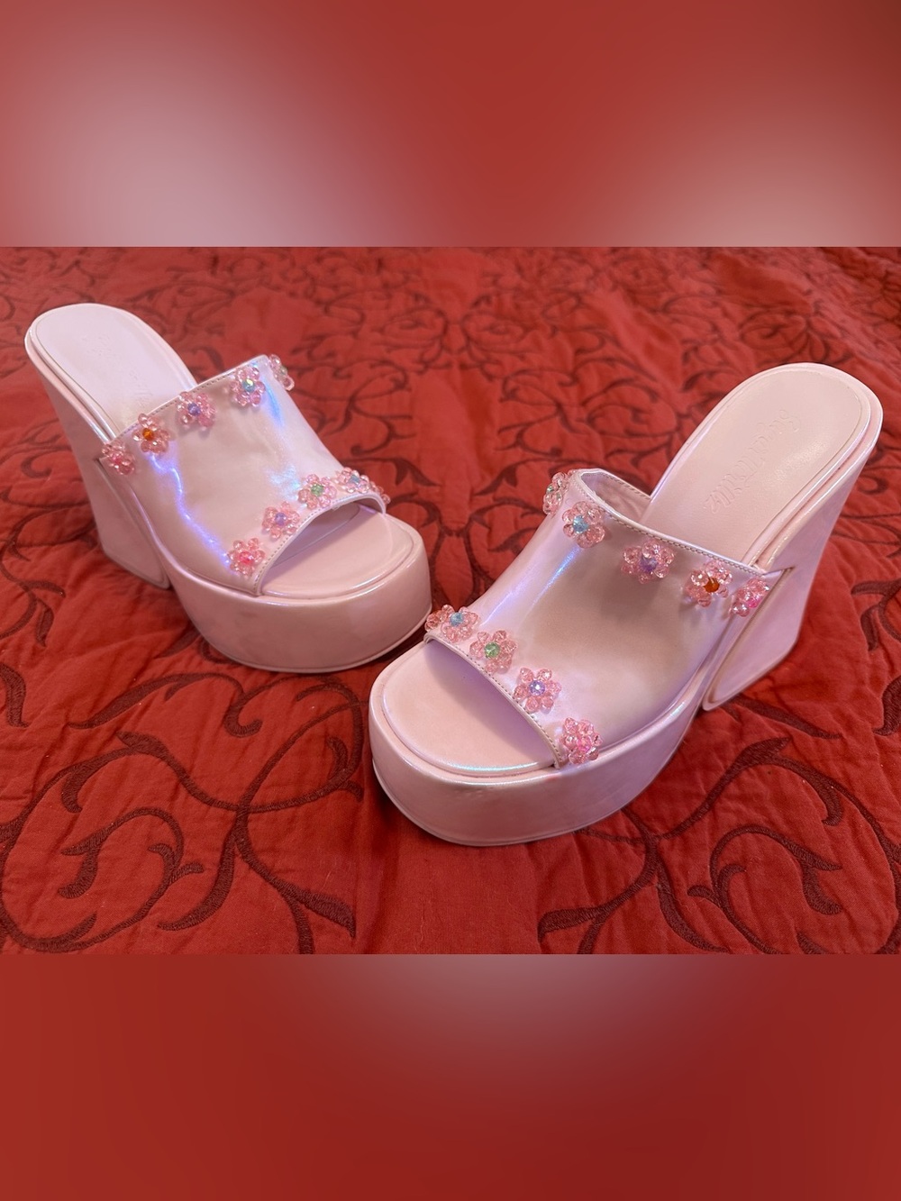Sugar Thrillz Iridescent Pink Platform Slide Sandals with Floral Gem Details